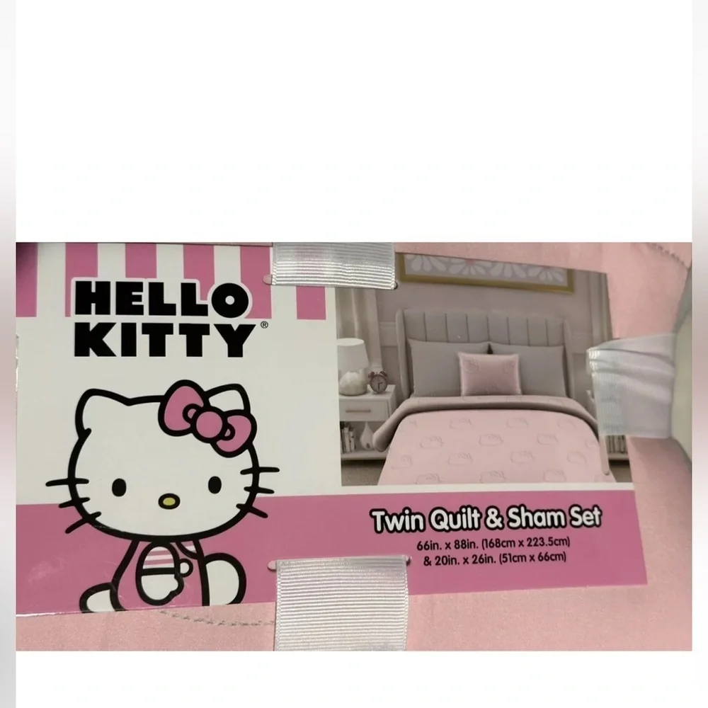 HELLO KITTY Pink Quilt & Sham TWIN Bedding In Ribbon Bedroom Sanrio 66